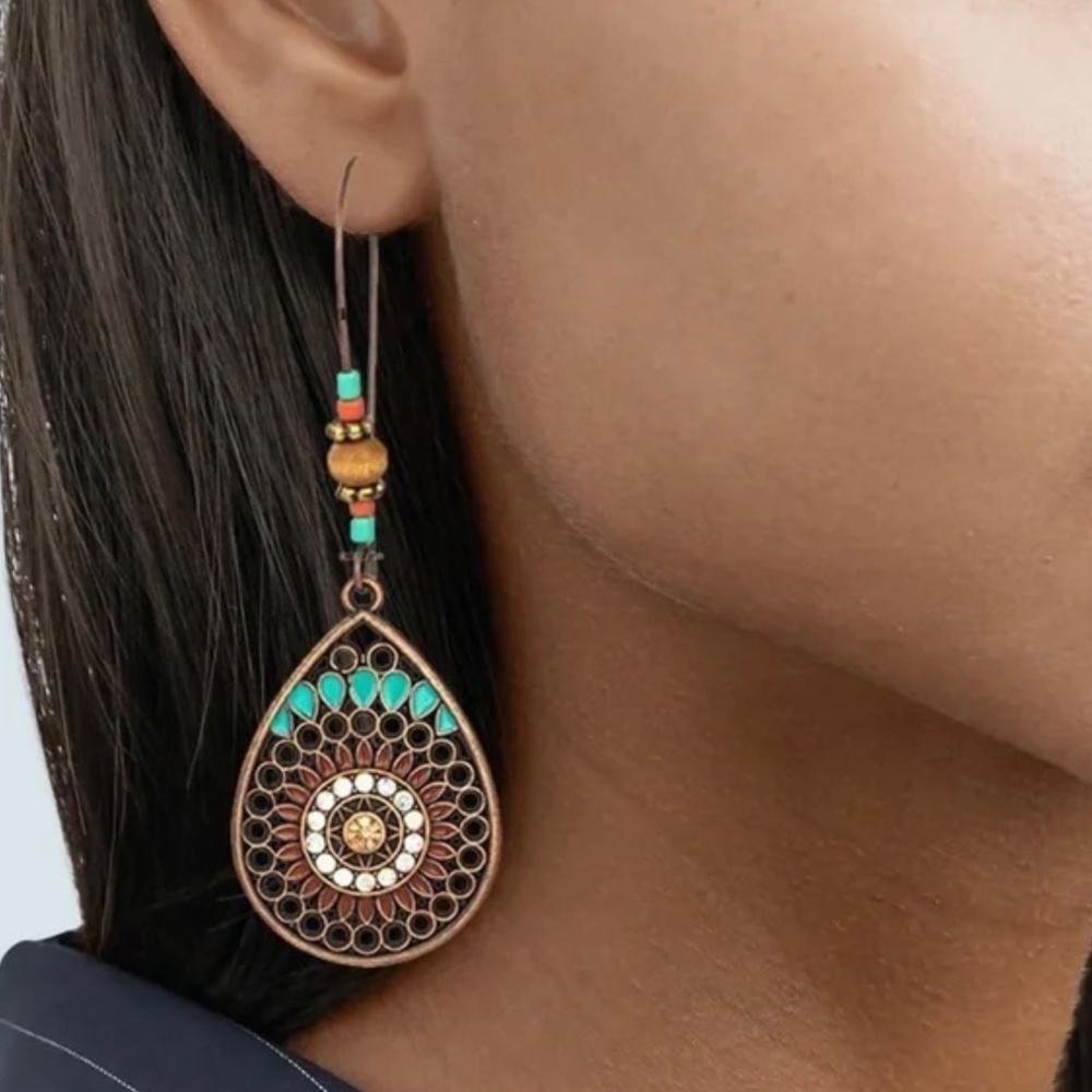 Earrings pierced Boho Glam teardrop drop dangle Copper beaded - Picture 3 of 4